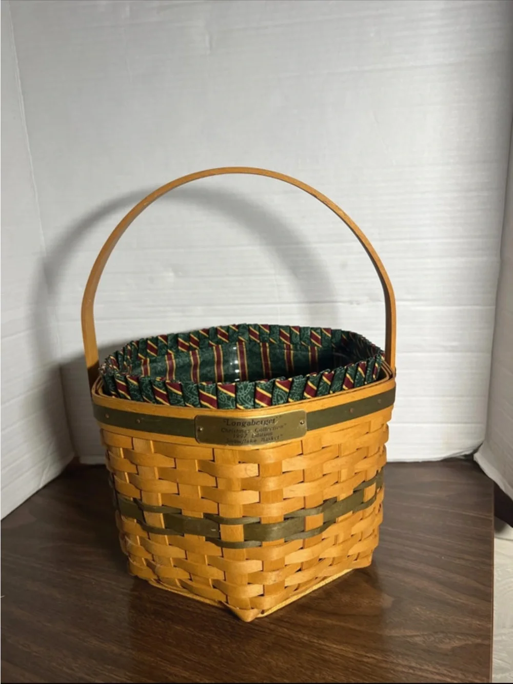 Longaberger Green-Trim Woven Basket with Pine Green Liner
